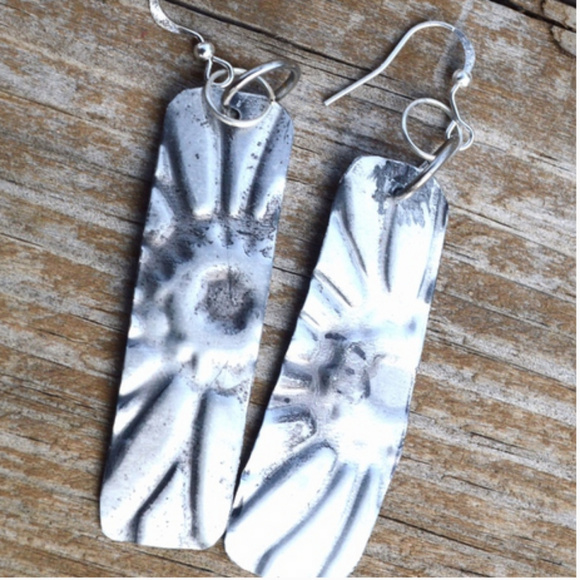 Conceptual Subculture Jewelry - Sun Rays Silver Drop Earrings Embossed Boho Hippie Lightweight Aluminum Handmade